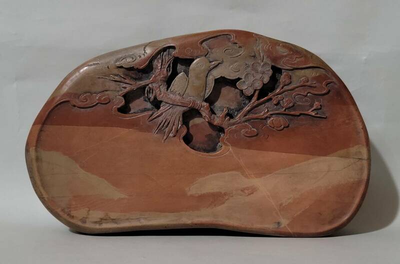 古美術柳　時代唐物 在銘「梅に鵲図」彫刻 古硯 斑石目 古印材