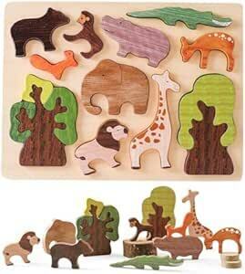 Wooden Teether 形合わせ 木製パズル パズル おもちゃ 動物パズル 11点 はめ込みパズル 型はめ ピックアップパズ
