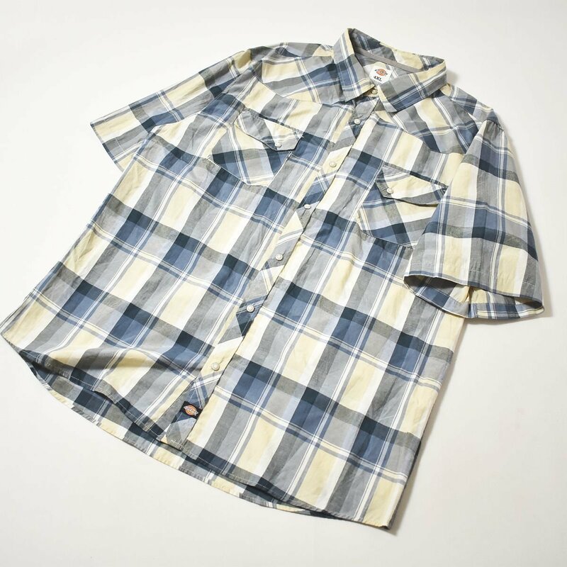 ★US古着 ディッキーズ Dickies 半袖 シャツ 4XL チェック柄ブルーｘベージュ ワーク ウエスタン アメカジ ストリート ビックシルエット★