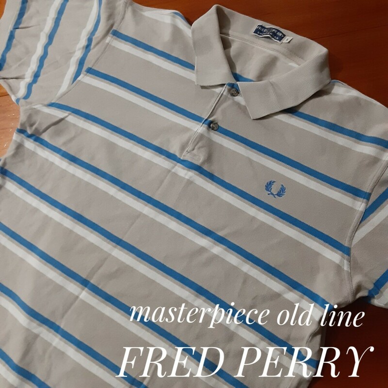 最値!希少80's紺タグ!ポルトガル製!名作オールドライン!フレッド ペリー(FRED PERRY)鹿の子生地 マルチボーダー ポロシャツ!グレー!灰青 L