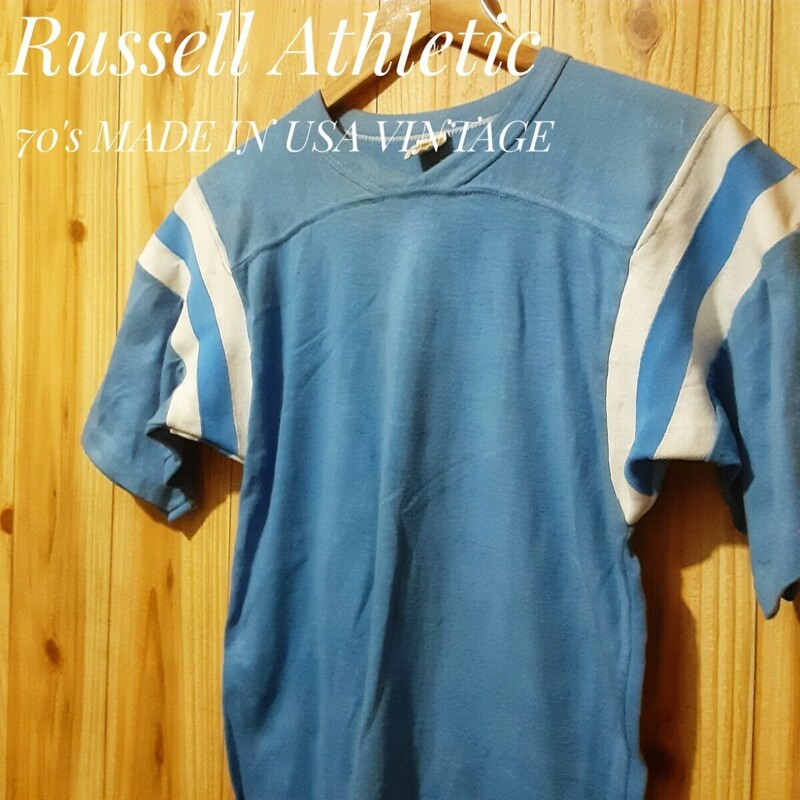 最値!希少70's金タグ!USA製ヴィンテージ!名作アームライン!カレッジデザイン!ラッセル(RUSSELL ATHLETIC)無地 Tシャツ!ブルー!水色 Sサイズ