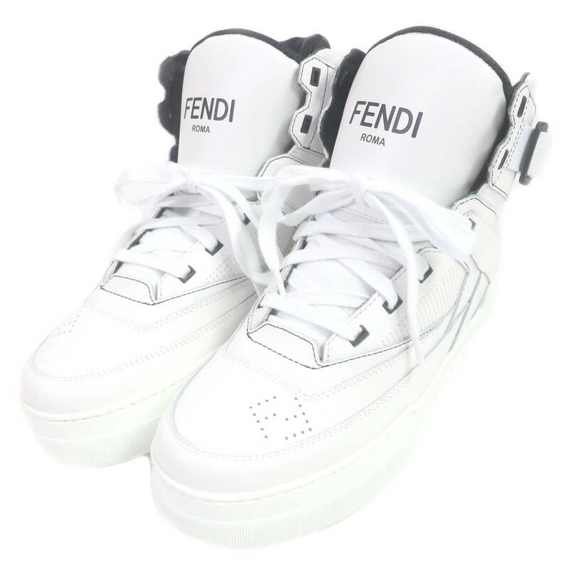 未使用品□FENDI フェンディ レザー FFロゴ ズッカ パンチングデザイン ハイカットスニーカー ホワイト 7 箱・保存袋付き メンズオススメ