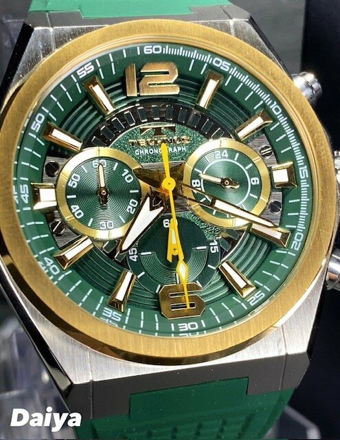 新品 テクノス TECHNOS 正規品 腕時計 アナログ腕時計 クオーツ クロノグラフ ラバーベルト 防水 24時間計 グリーン ゴールド プレゼント