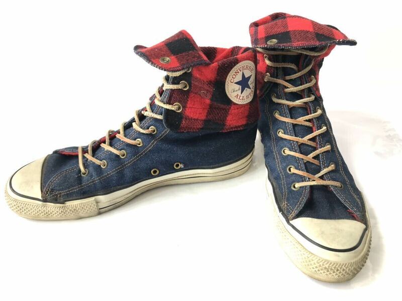 【レア/当時】80s コンバース ニーハイ デニム チェック 赤 オールスター CONVERSE 29cm US10.5 オリジナル USA ヴィンテージ 送料無料