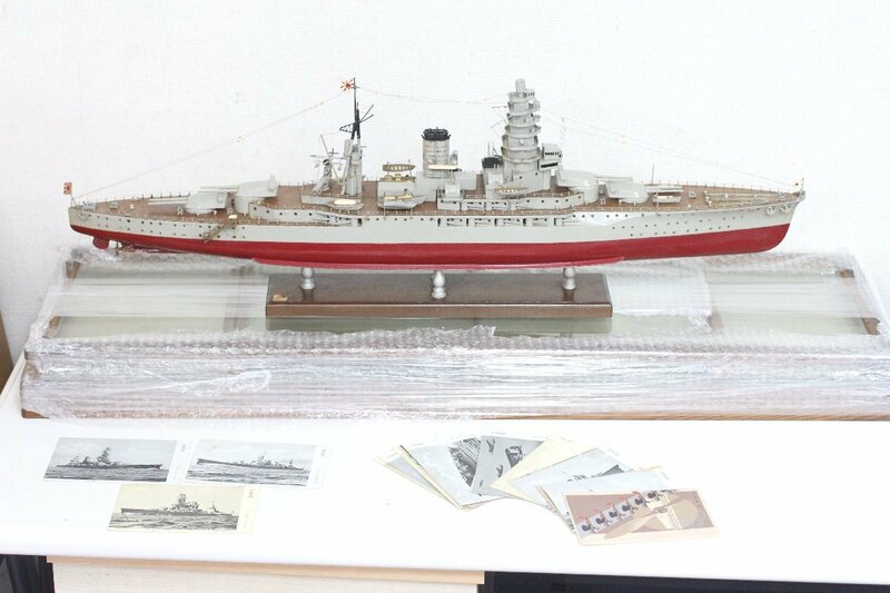 ●古い戦艦奥の模型 木製 ガラスケース付 完成品 おまけ ハガキ付 大戦艦