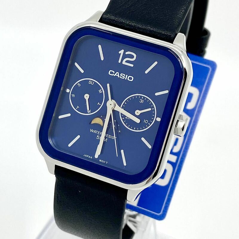 美品 CASIO 腕時計 ウォッチ デイデイト ムーンフェイズ クォーツ quartz ブルーフェイス ネイビー シルバー 紺 銀 MTP-M305 カシオ Y1000