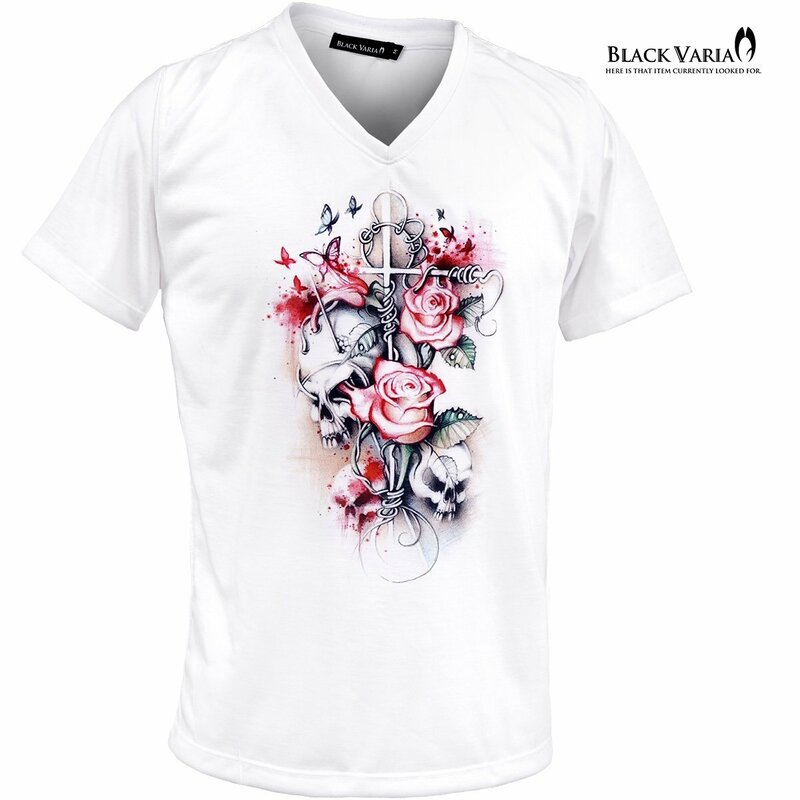 35363-s04 Tシャツ スカル ドクロ 髑髏 Vネック スリム 半袖Tシャツ プリント mens メンズ(ホワイト白スカル薔薇十字架) XL 送料370円～