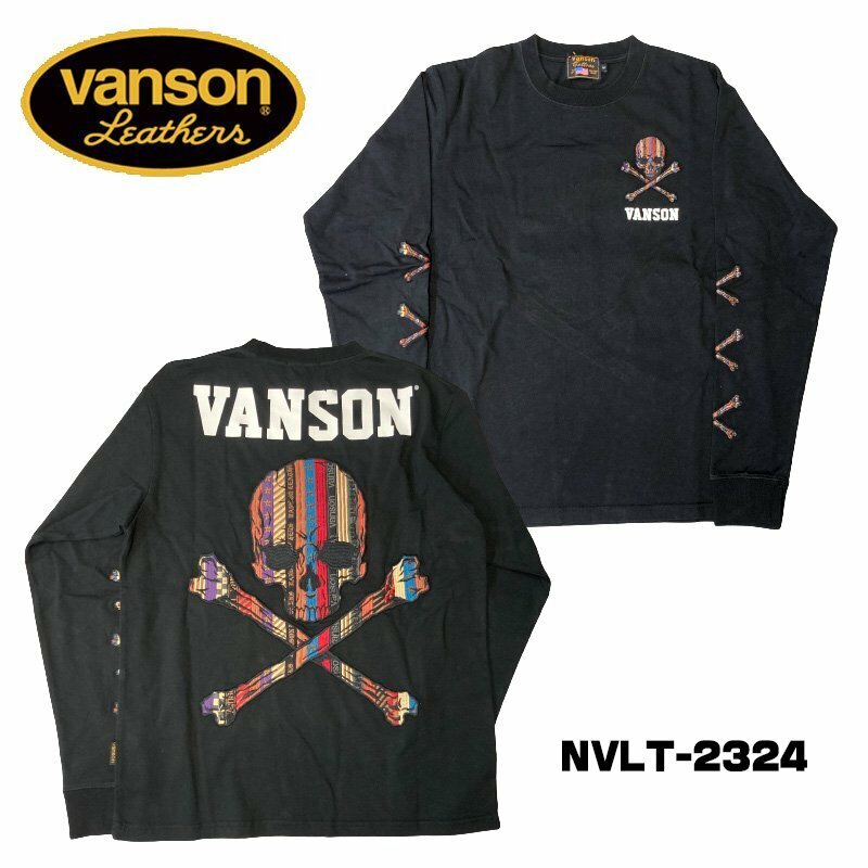【SALE！30%OFF！】VANSON バンソン ロゴ刺繍 天竺 長袖Tシャツ メンズ NVLT-2324－ブラックーXLサイズ