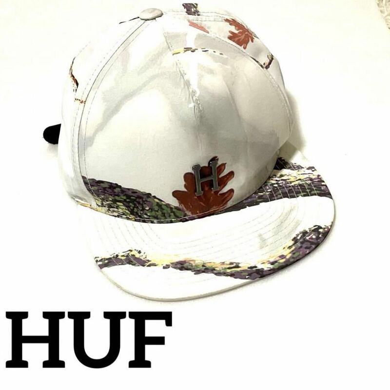 HUF ハフキャップ アイボリー ボタニカル柄 ブランドロゴ　金具　ホワイト　ブランドロゴ金具　フリーサイズ（調整可能）ストリートメンズ