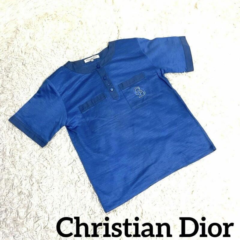 Christian Dior ノーカラー 半袖 シャツ カットソー 刺繍　ハーフアップボタン 麻 レディース ブルー　光沢感 肩パッドあり サイズM