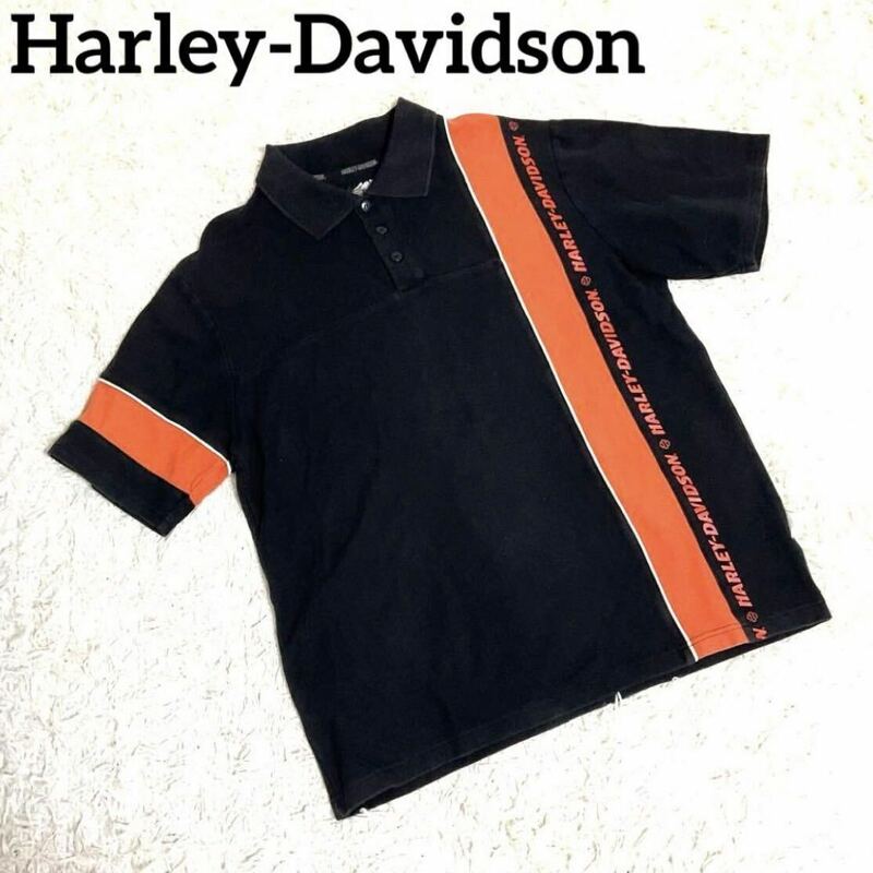 Harley-Davidson ポロシャツ半袖プリントロゴ刺繍 ロゴボタン 古着 ヴィンテージ L〜XL メンズ