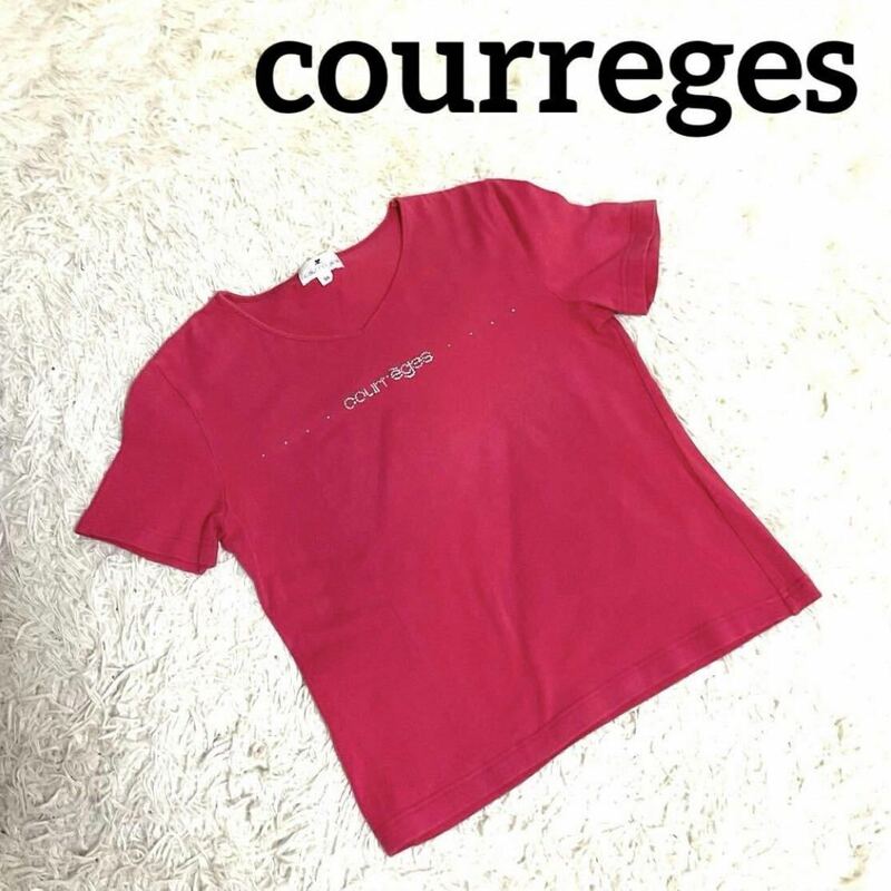 courreges クレージュ Tシャツ Vネック 半袖 ビジュー 伸縮性あり カットソー トップス 薄手 細見え ビジュー レディース　M