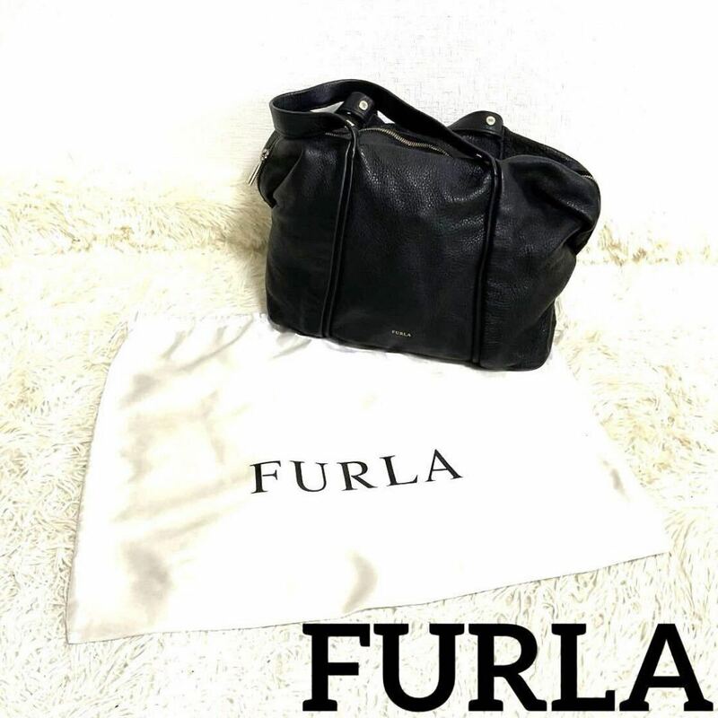 FURLA フルラ ハンドバッグ トートバッグ ワンショルダー 保存袋付き レザー 肩掛け 金具ゴールド　ブラック レディース