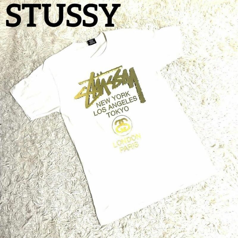 STUSSYステューシー ワールドツアー Tシャツ 半袖 ペイントロゴ プリント 古着 ホワイト M メンズホワイトM