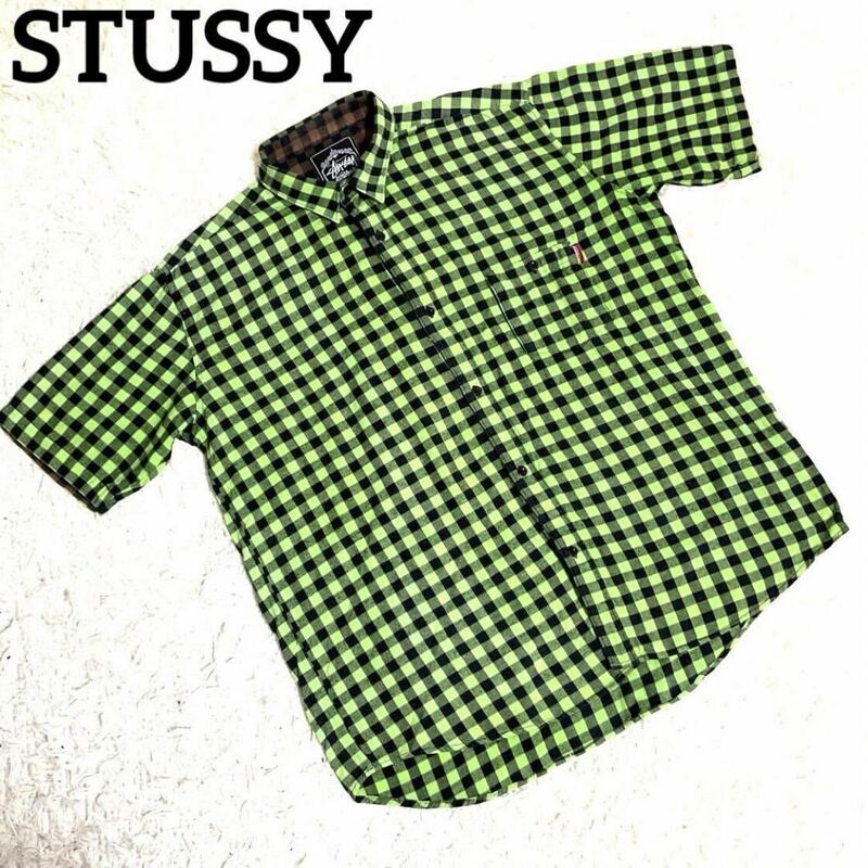 stussy ステューシー 半袖 チェックシャツ カットソー ロゴボタン LARGE ロゴボタン ブロックチェック柄 グリーン メンズ