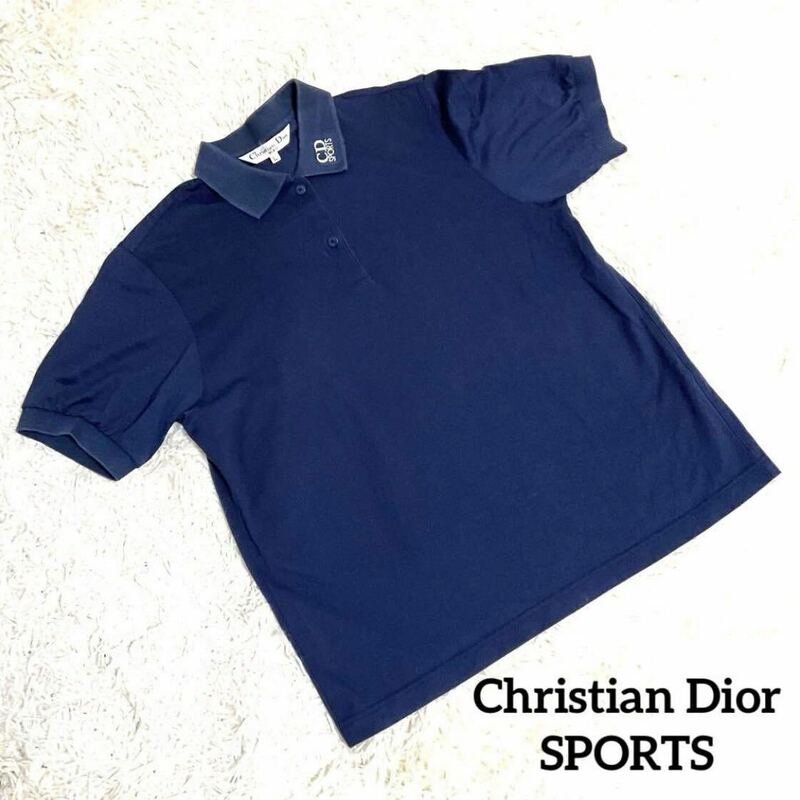 Christian Dior SPORTSポロシャツ 半袖 ロゴボタン 刺繍 ゴルフ テニス リゾートウェア 婦人 Lサイズ　ネイビー レディース