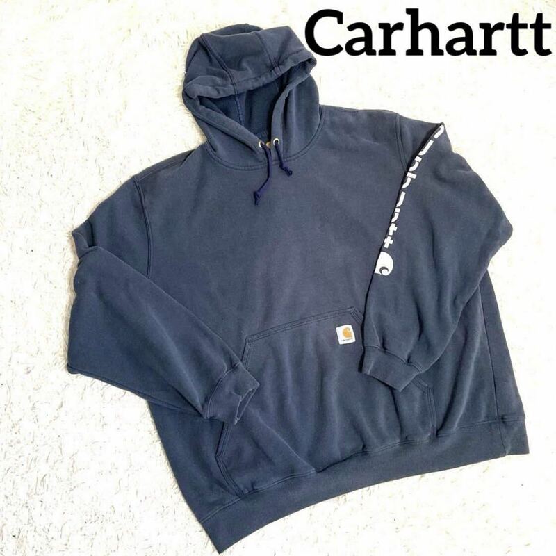 Carhartt カーハート パーカープリントロゴ オーバー フーディ 古着 ネイビー 2XL メンズ