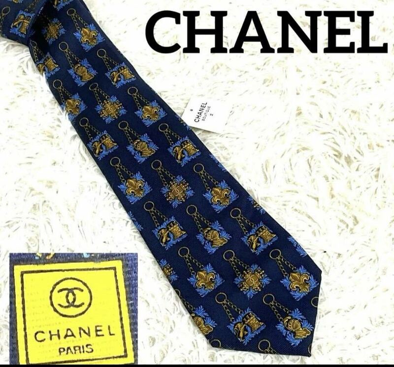 新品未使用タグ付き CHANEL シャネル ネクタイ 総柄 イタリア製 高級シルク 総柄 NVYメンズ ネイビー