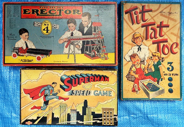 ★アメリカンアンティーク ボードゲーム等3個セット①SUPERMAN SPEED GAME ②Tit-Tat-Toe - 3in a row③A.C. Gilbert Erector Set No.4