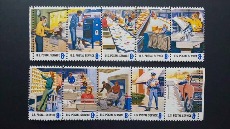 【未使用】アメリカ切手　1973年郵政公社職員8セント切手　10枚セット