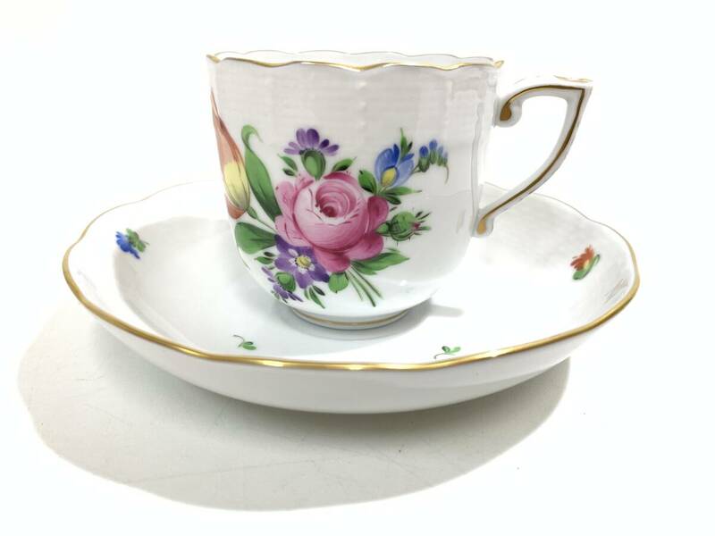 sa364【HEREND】HANDPAINTED ヘレンド コーヒーカップ＆ソーサー チューリップの花束 手描き 磁器製 モカカップ 洋食器 花柄 ハンガリー