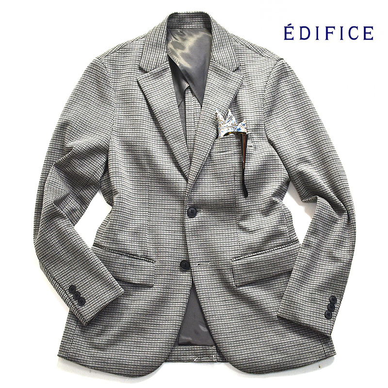 [定価4万] 超美品 エディフィス EDIFICE ストレッチ チェックジャケット 44 メンズS タイト スリム 千鳥格子 グレー