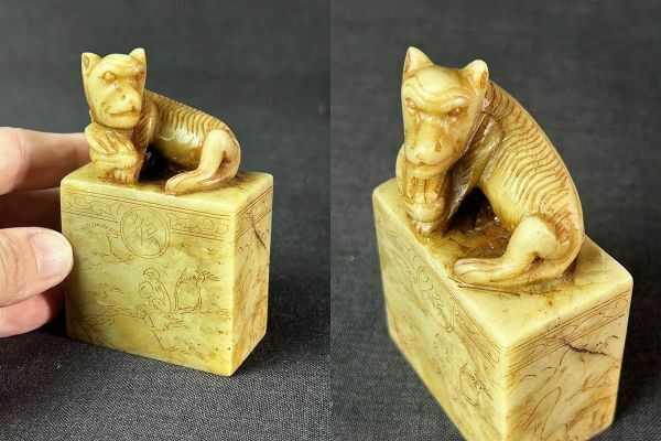 中国美術 印材 重量222.5g◇獣刻/猿/天然石/7.9×3×3cm◇東洋彫刻/唐物/骨董/古美術/時代/古印材/中国石/寿山石/未使用長期保管品