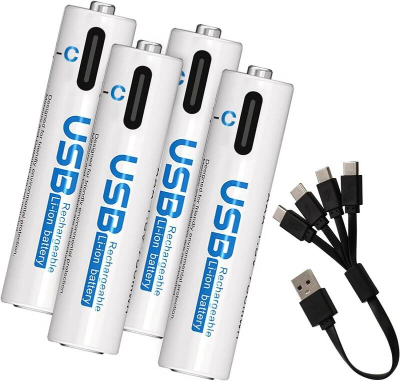 単4形 リチウム電池 USB充電式 900mWh 1.5V定出力 単4形充電式電池 1000回使用可能 急速充電 AAAセル 環境保護 4-in-1(単4形充電池*4本)