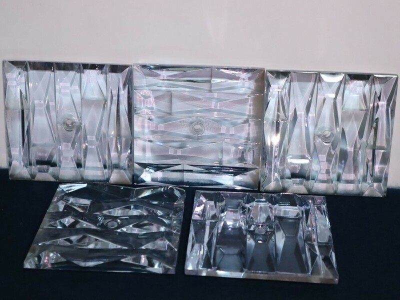 5枚セット ビンテージ HOYA 保谷 ホヤ クリスタル アレキサンドライト カット ガラス 板 照明 オブジェ アート 材料(検 特注 製作 DIY