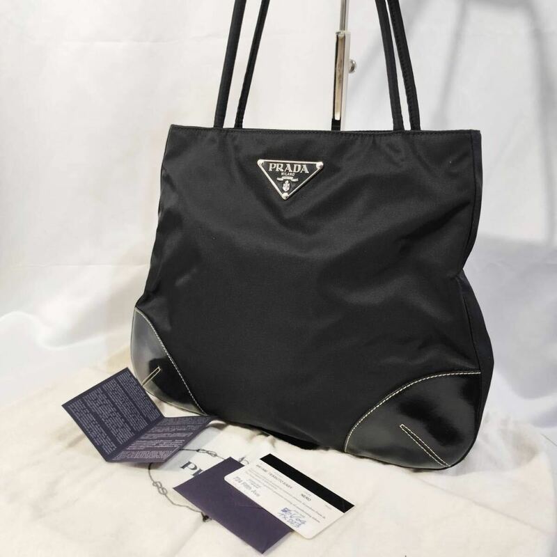 【美品】 正規品 プラダ PRADA ナイロン ミニ トートバッグ 三角ロゴ 肩掛け 黒 ブラック レザー 革 保存袋付き カード付き かばん 鞄