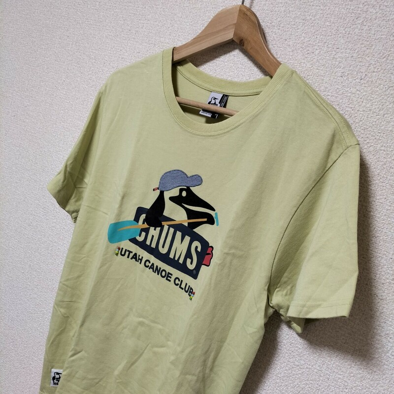 美品☆CHUMS チャムス Tシャツ 半袖 カヌー ブービーバード BIGロゴ ビーズ装飾 イエロー メンズ サイズM トップス カットソー 古着 USED