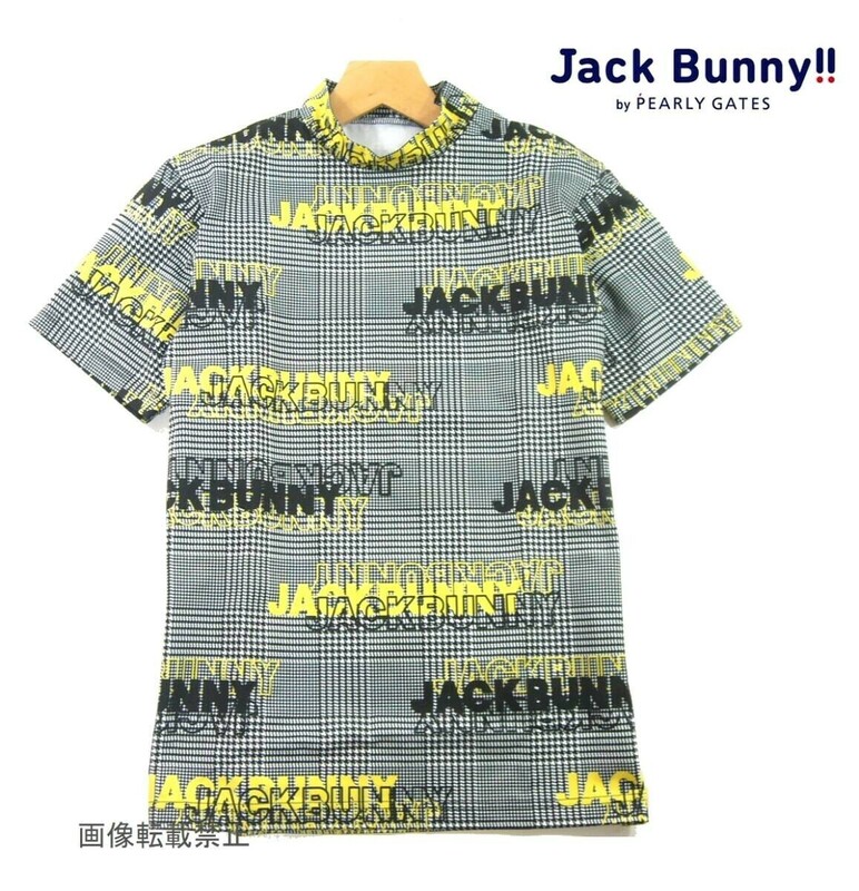 新品 春夏 ★ パーリーゲイツ Jack Bunny　総柄ロゴ モックネック 半袖シャツ　6/XL　千鳥/白黒 ハイネック SOLOTEX 鹿の子 ジャックバニー