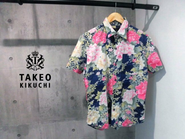 美品 TK/TAKEO KIKUCHI タケオキクチ 牡丹 和柄 半袖シャツ 2/花柄シャツ/和柄シャツ/メンズ/アロハシャツ ハワイアンシャツ