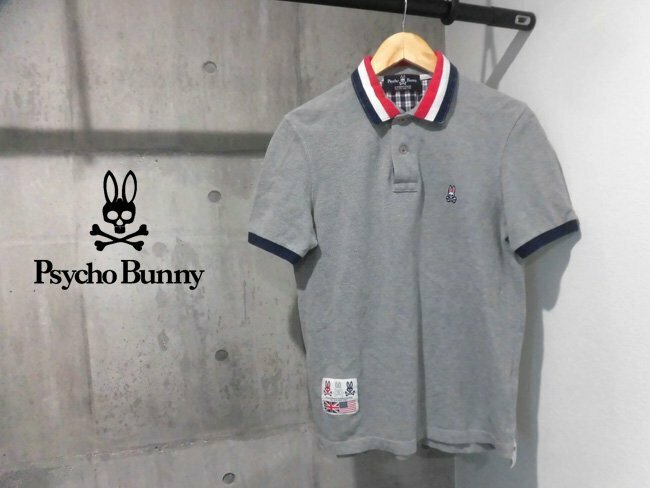 Psycho Bunny サイコバニー スカルラビットワッペン 半袖 ポロシャツ M/衿ライン カノコ 半袖シャツ/灰 グレー/メンズ/日本製/GOLF ゴルフ