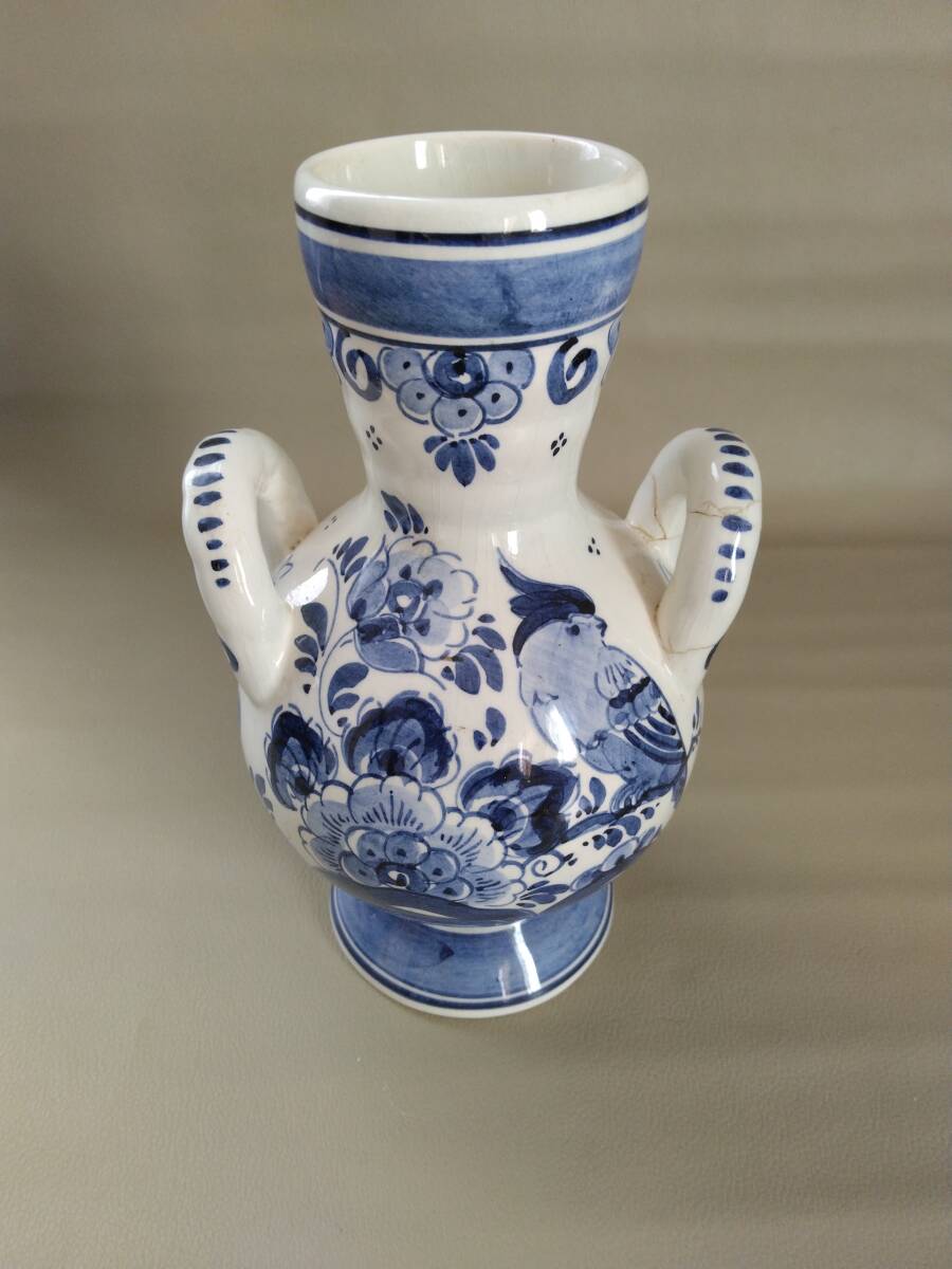 花瓶　DELFT デルフト花鳥花瓶　手描き　古陶　坪　ワレカケヒビお直し跡あり　アンティークビンテージ