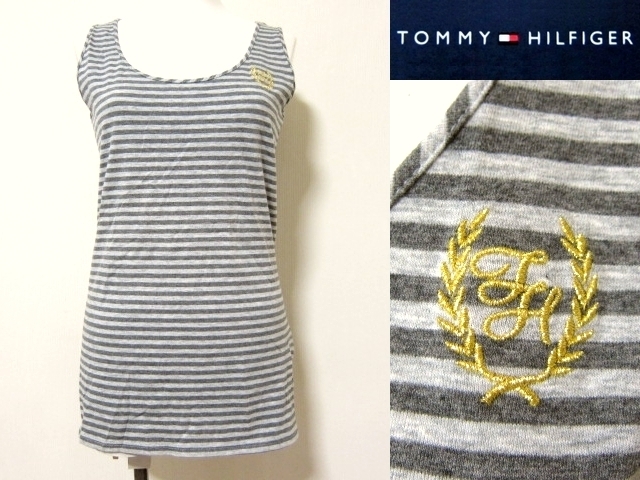 ☆送料込☆新品★TOMMY HILFIGER / レディース★前ボーダー&背ストライプ★S★ノースリーブ・シャツ★グレー×ライトグレー