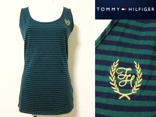 ☆送料込☆新品★TOMMY HILFIGER / レディース★前ボーダー&背ストライプ★Ｍ★ノースリーブ・シャツ★グリーン×ネイビー