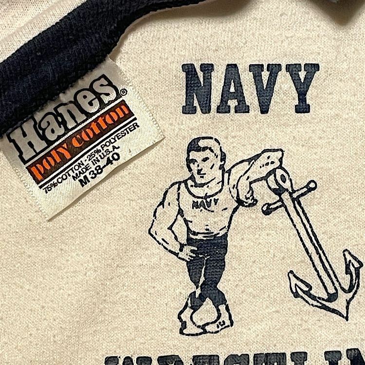 激レア　80s ビンテージ ミリタリー リンガー Tシャツ US NAVY USA製 USネイビー レスリングチーム Hanes military(白×紺トリム,Mサイズ)