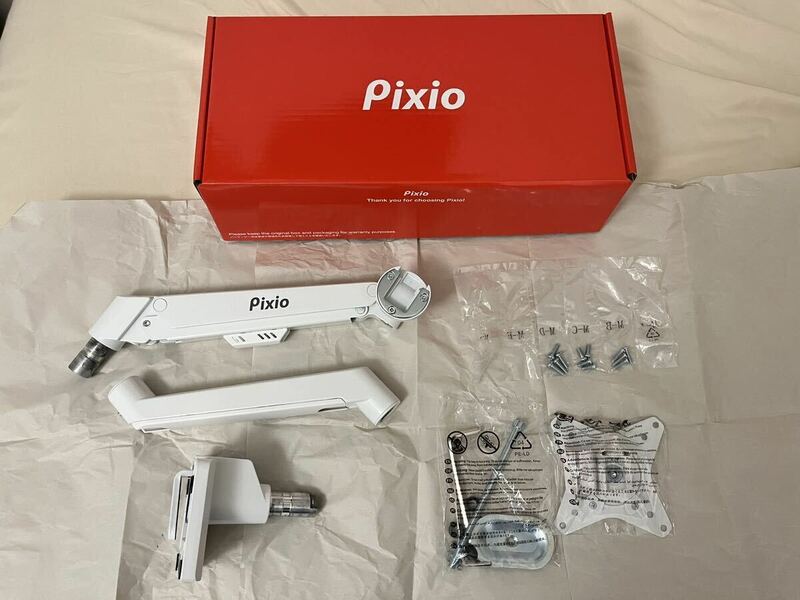 【美品】Pixio PS1S Wave White モニターアーム シングル ホワイト ガススプリング式 クランプ式 グロメット式 VESA対応 付属品完備