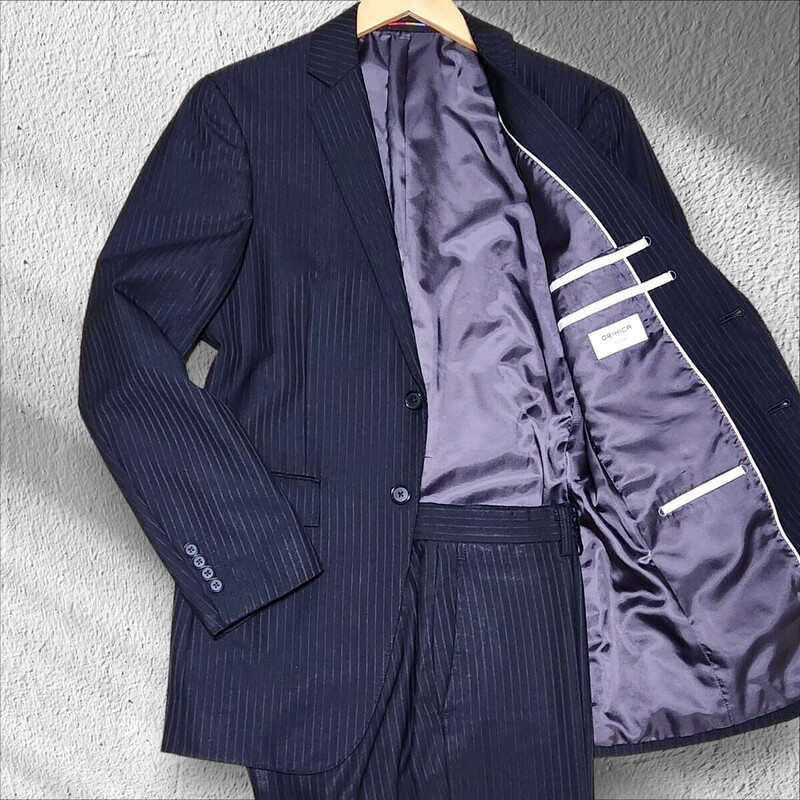 【美品/Lサイズ】ORIHICA オリヒカ スーツ セットアップ パイピング ブラック 黒 ビジネス ジャケット パンツ ストライプ 上下 メンズ 