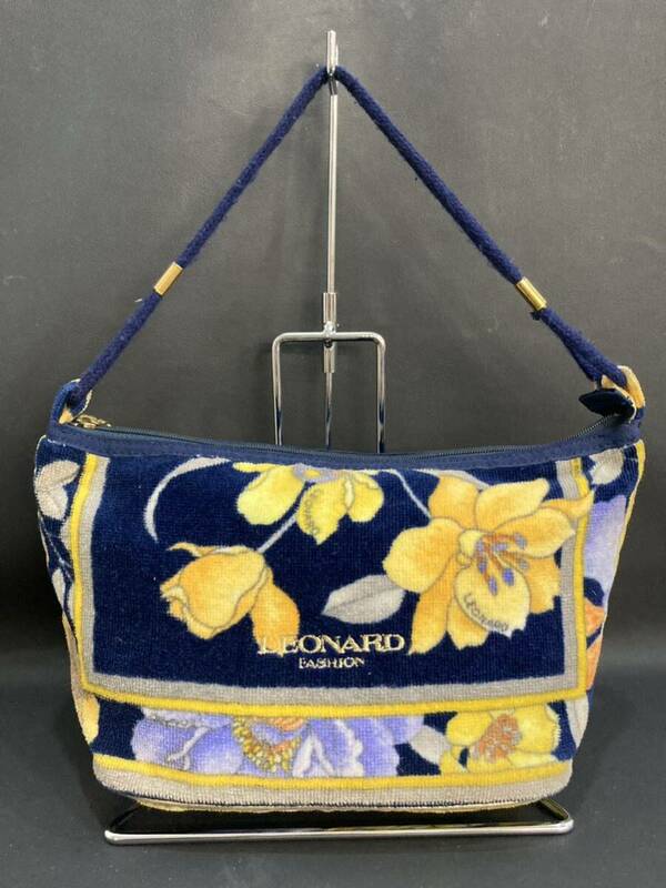S4F331◆本物◆ レオナール LEONARD タオル地 ネイビー色 花柄 ロゴ ハンドバック ミニバッグ