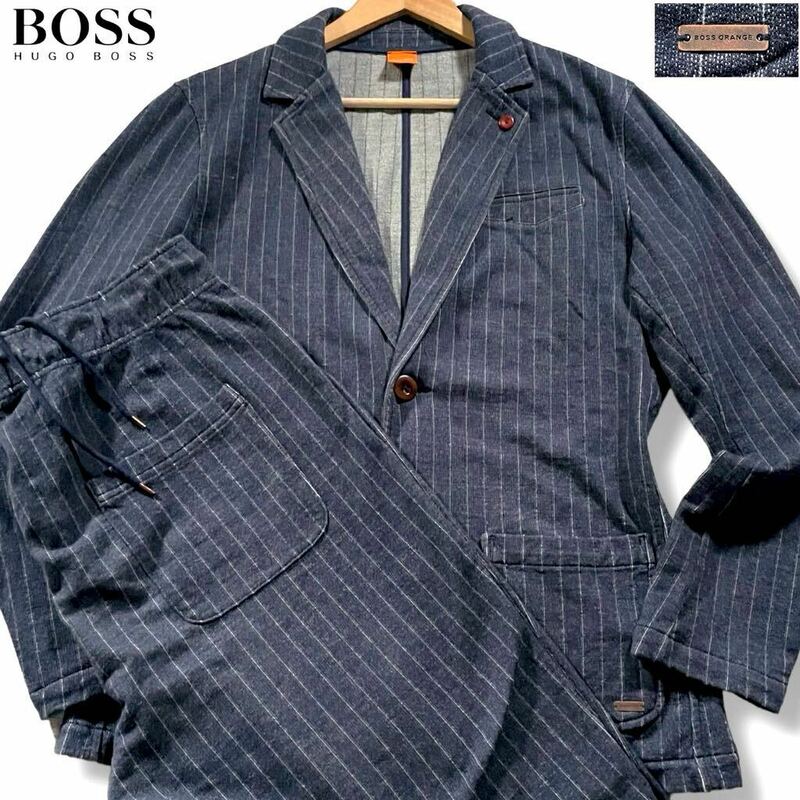 極美品/XLサイズ●ヒューゴボス ジャージ風 セットアップ スーツ ストレッチ HUGO BOSS アンコン ジャケット コットン ストライプ ロゴ金具