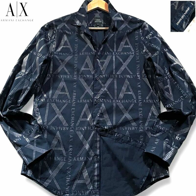 極美品/Mサイズ相当●アルマーニ エクスチェンジ 長袖シャツ 羽織り ARMANI EXCHANGE ストレッチ 光沢AXロゴ 総柄 ネイビー