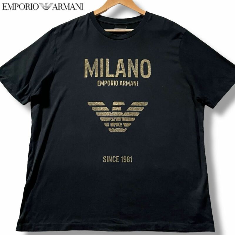 極美品/3XLサイズ●エンポリオ アルマーニ 半袖Tシャツ コットン EMPORIO ARMANI ストレッチ ゴールドロゴ イーグルロゴ 大きいサイズ 4L