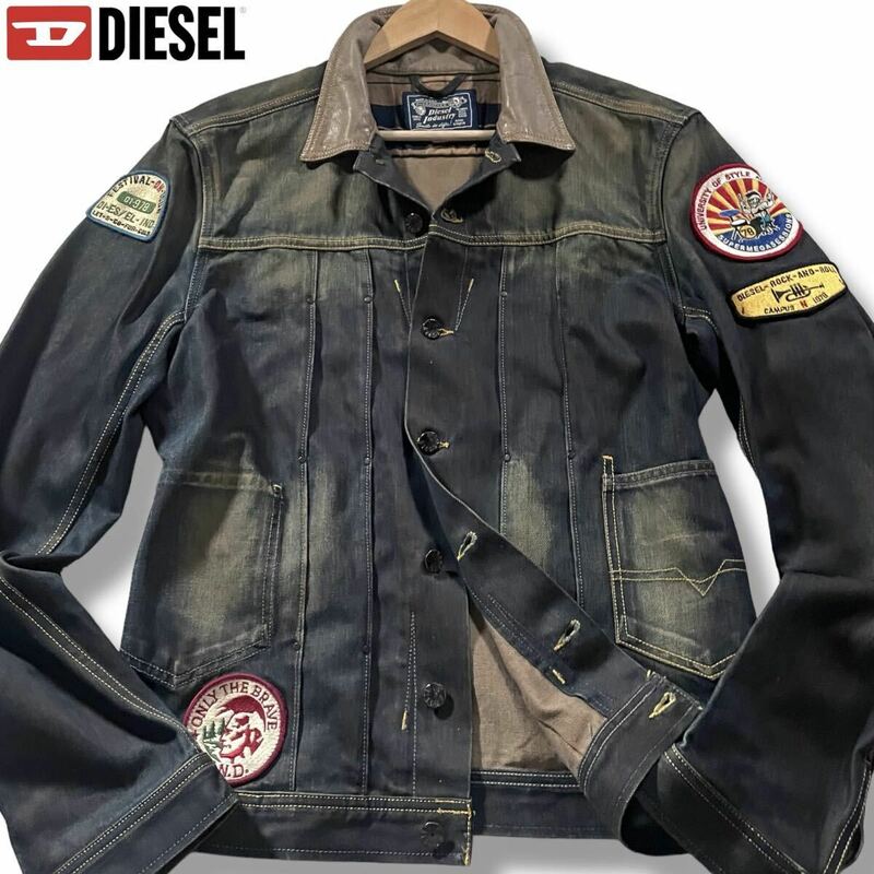 Lサイズ●DIESEL ディーゼル 襟カーフレザー切替 デニムジャケット Gジャン ブルゾン 牛革 インディゴ ワッペンロゴ ブレイブマン