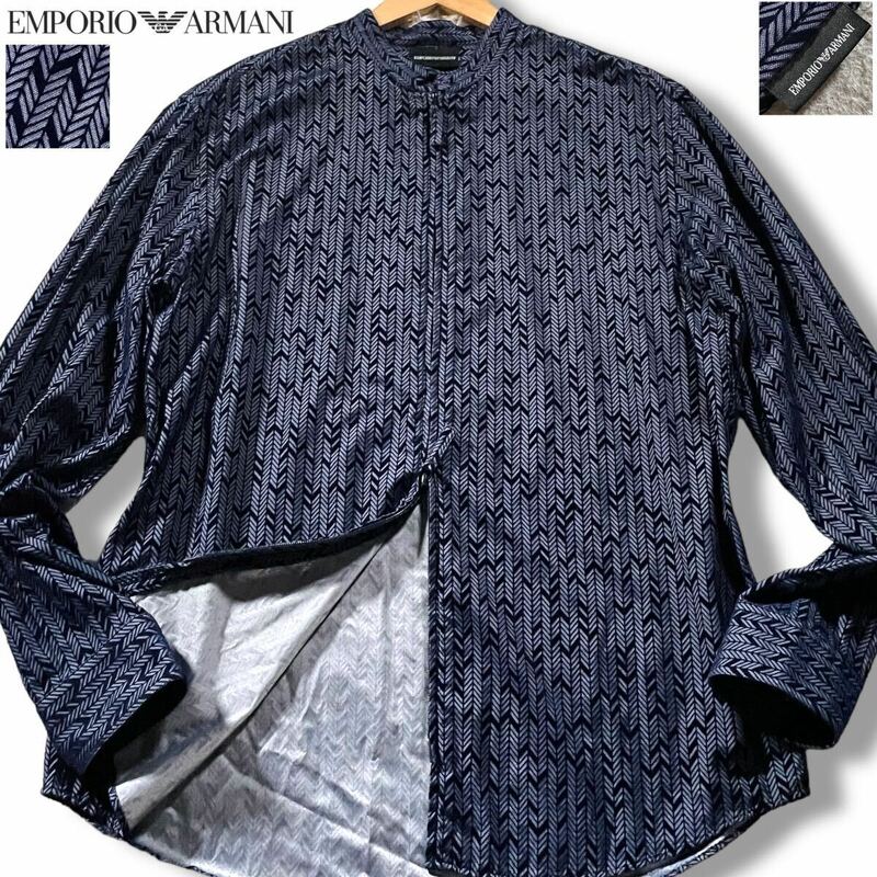 未使用級/XL●エンポリオ アルマーニ 長袖シャツ ダブルジップジャケット EMPORIO ARMANI ストレッチ 総柄 和柄 モダン 矢羽根 ベロア装飾