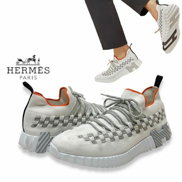 正規品 HERMES Flex Bolduc Knit Sneakers エルメス　フレックス ボリュデュック ニット スニーカー Hロゴ スポーツ シューズ 41.5ホワイト