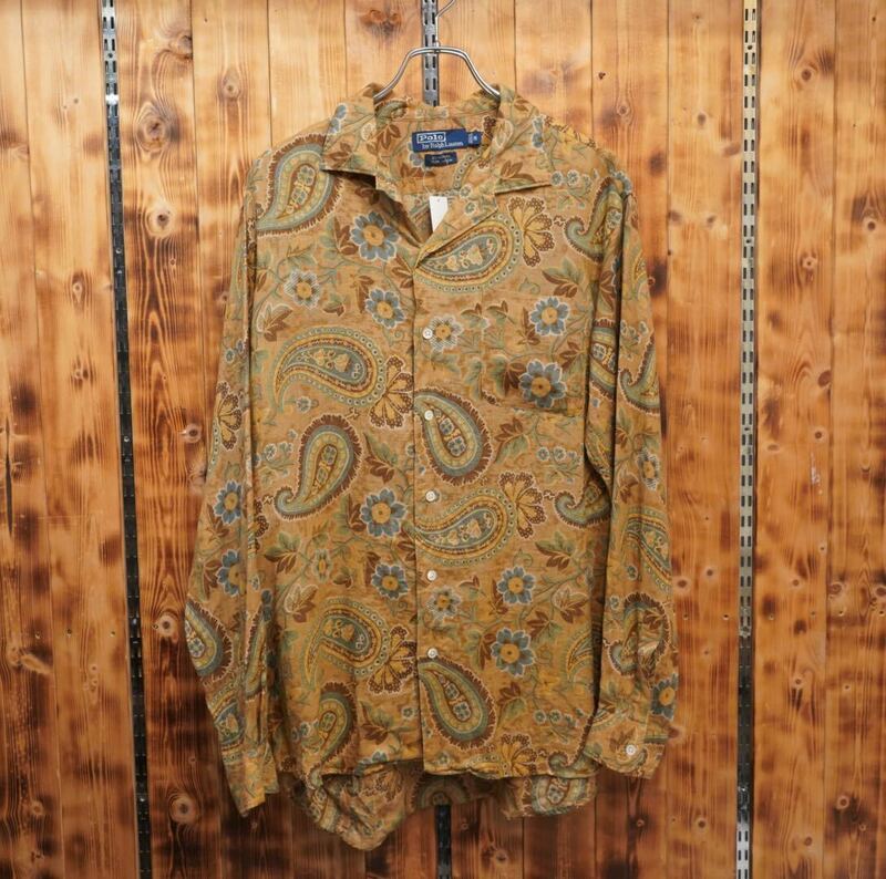 90s ralphlauren bonnard ペイズリー　リネン　開襟シャツ　M/ラルフローレン　オープンカラーシャツ