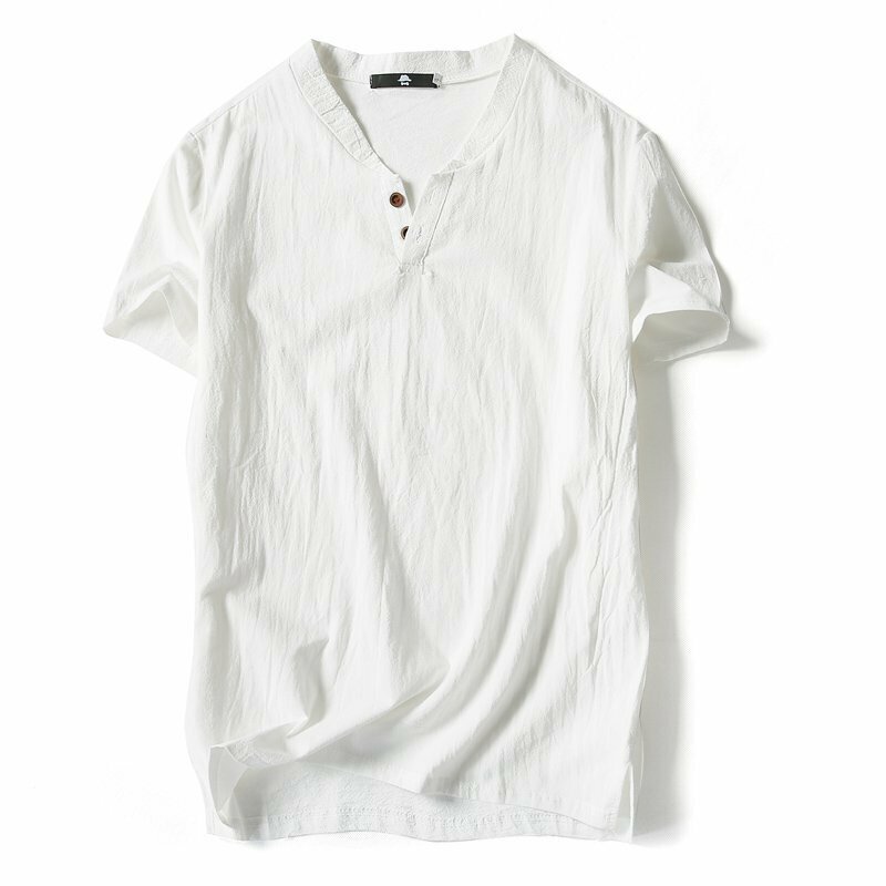 ホワイト色 4XLサイズ メンズ 半袖Tシャツ 無地 綿麻 類ヘンリーネック カジュアル シンプル
