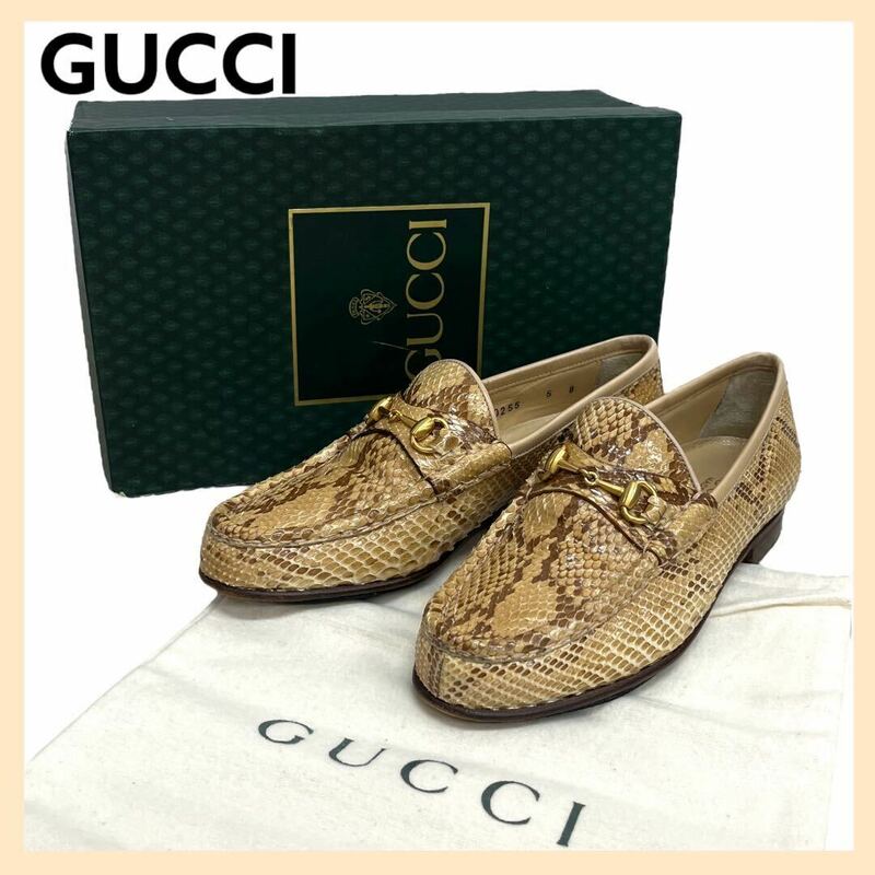 高級 箱保存袋付き GUCCI グッチ ヴィンテージ オールド パイソンレザー エキゾチックレザー 本革 ホースビット ローファー レディース